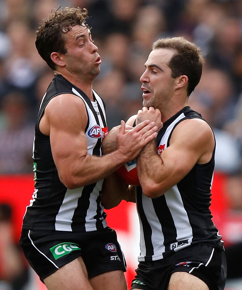 AFL 2016 Rd 09 - Collingwood v Geelong Jarryd Blair helps Steele Sidebottom celebrate his 150th - ${keywords}